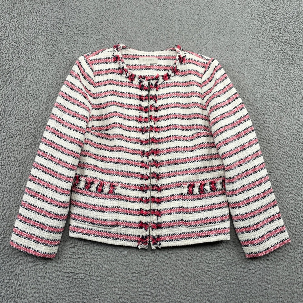 Talbots Jacket Womens 8 White Pink Stripe Tweed Zip Up Fringe Trim VN4889